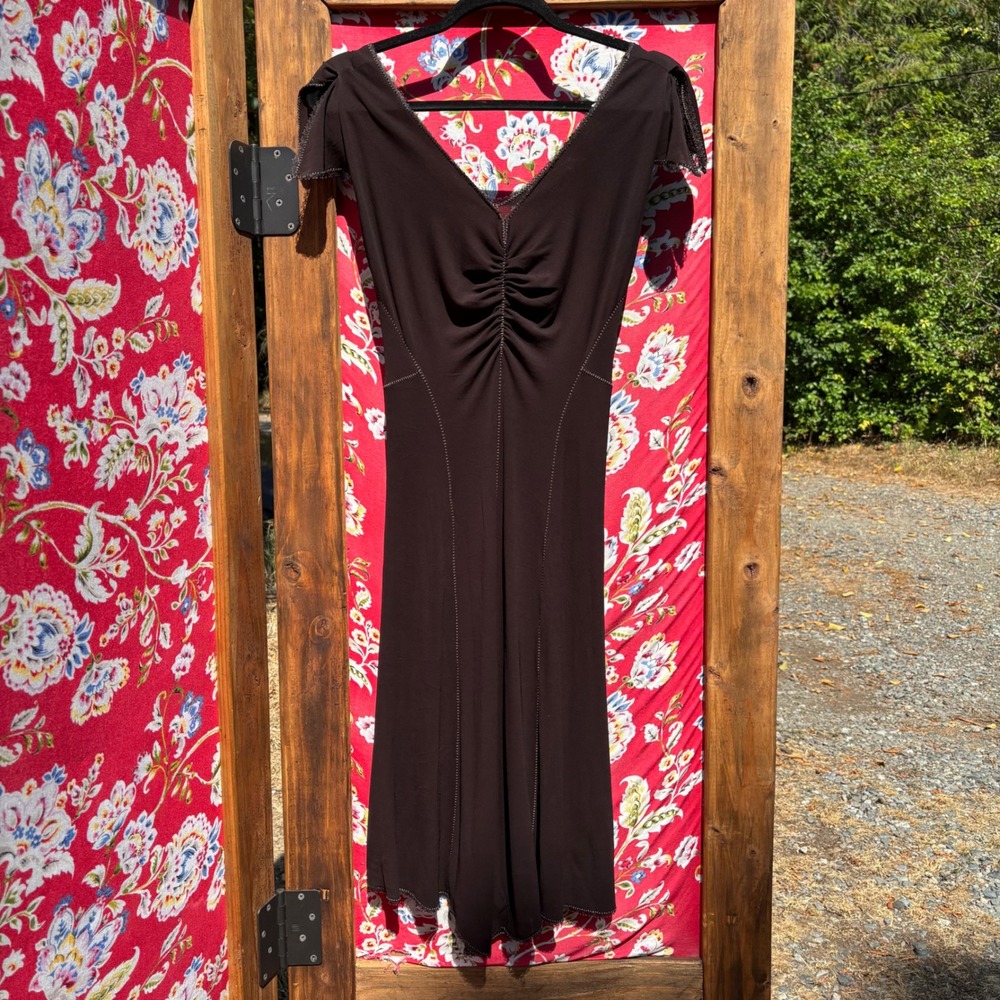 2000's Brown Fairycore Whimsy Flutter Sleeve Pointed Hem Midi Dress Size XS-S